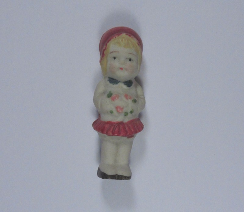 1930 Bisque Figurine Doll Little Girl Holding Flowers Made in Japan Toy