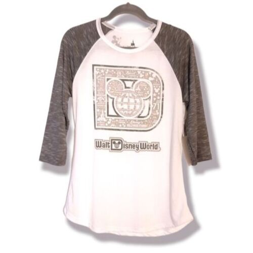 Disney World Parks Top Baseball Tee Mickey Mouse Graphic T-shirt Cream Grey Sz M