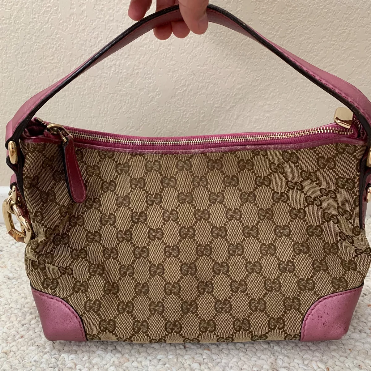 Gucci Pink/Beige GG Canvas and Leather Small Vintage Open Tote at