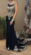 Rhinestones Black And Gold Long Prom Dress Pageant Wedding Good Condition SZ XS