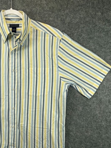 Saddlebred Mens Medium Shirt Yellow Blue Striped Button Down Short Sleeve Cotton - Picture 2 of 11