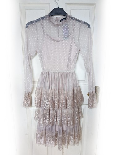 BOOHOO Dusky Pink Sheer Lace Tulle Tiered Ruffle Dress, Size 8 - BNWT - Picture 7 of 9