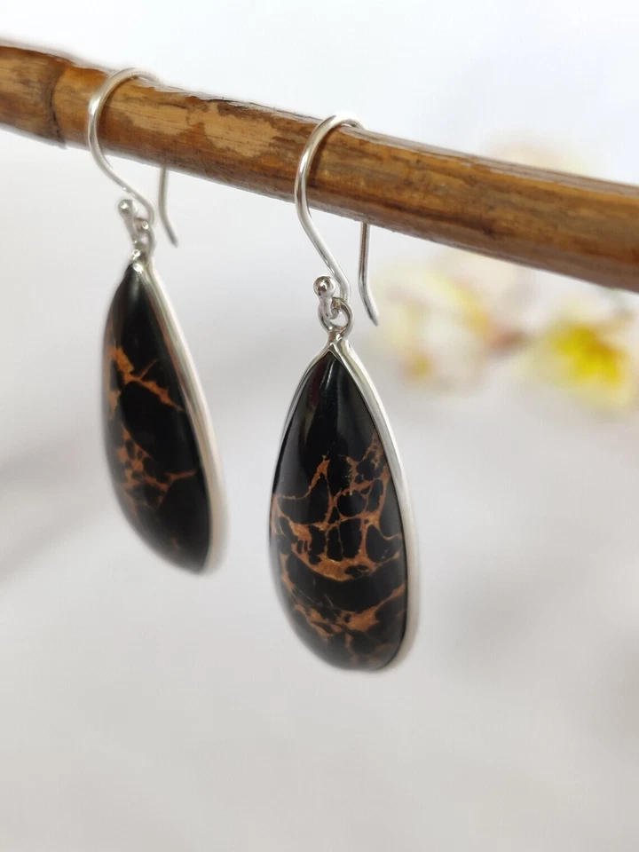 Black Copper Turquoise Gemstone 925 Sterling Silver Beautiful Designer Earrings - Image 4 of 4