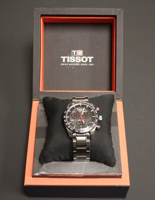 (RI2) Tissot T Sport PRS 516 Chronograph Black Dial Silver Steel Strap Watch