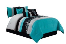 Napa Bedding Set, 7 Piece, with Leaves, Embroidered, CaliforniaKing, Teal...