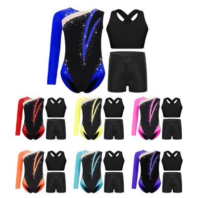 Kids Girls Dancewear And Shorts Outfit Gymnastics Set Leotard Color Block 3Pcs