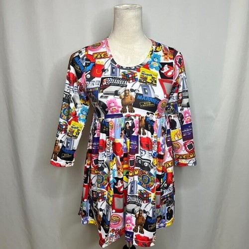 80s Pop Culture Collage Kids Dress Fit and Flare Multicolor Retro Icon - Picture 5 of 11