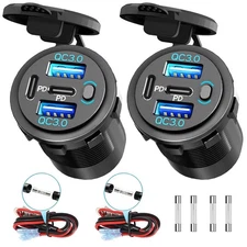 2 Pack Quad-Port 12V USB Outlet with Switch & LED - 78W Dual QC3.0 & Dual PD3...