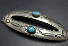 Old BARRETTE Hair Clip HAND STAMPED STERLING SILVER and TURQUOISE Vintage Pawn