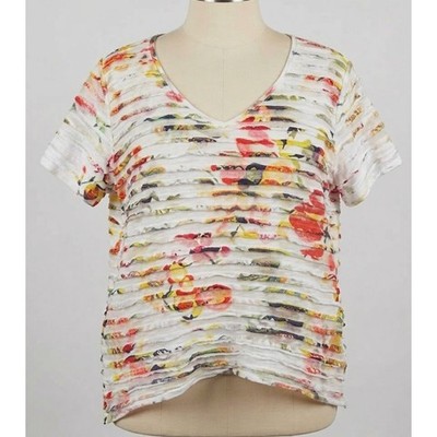 Fred David Top Blouse XL White VNeck Floral Made in USA Fairy Garden Whimsical