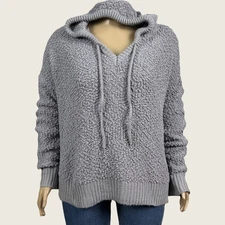 POL Gray Nubby Popcorn Knit Chenille Soft Cozy Hooded Pullover Sweater 3XL PLUS
