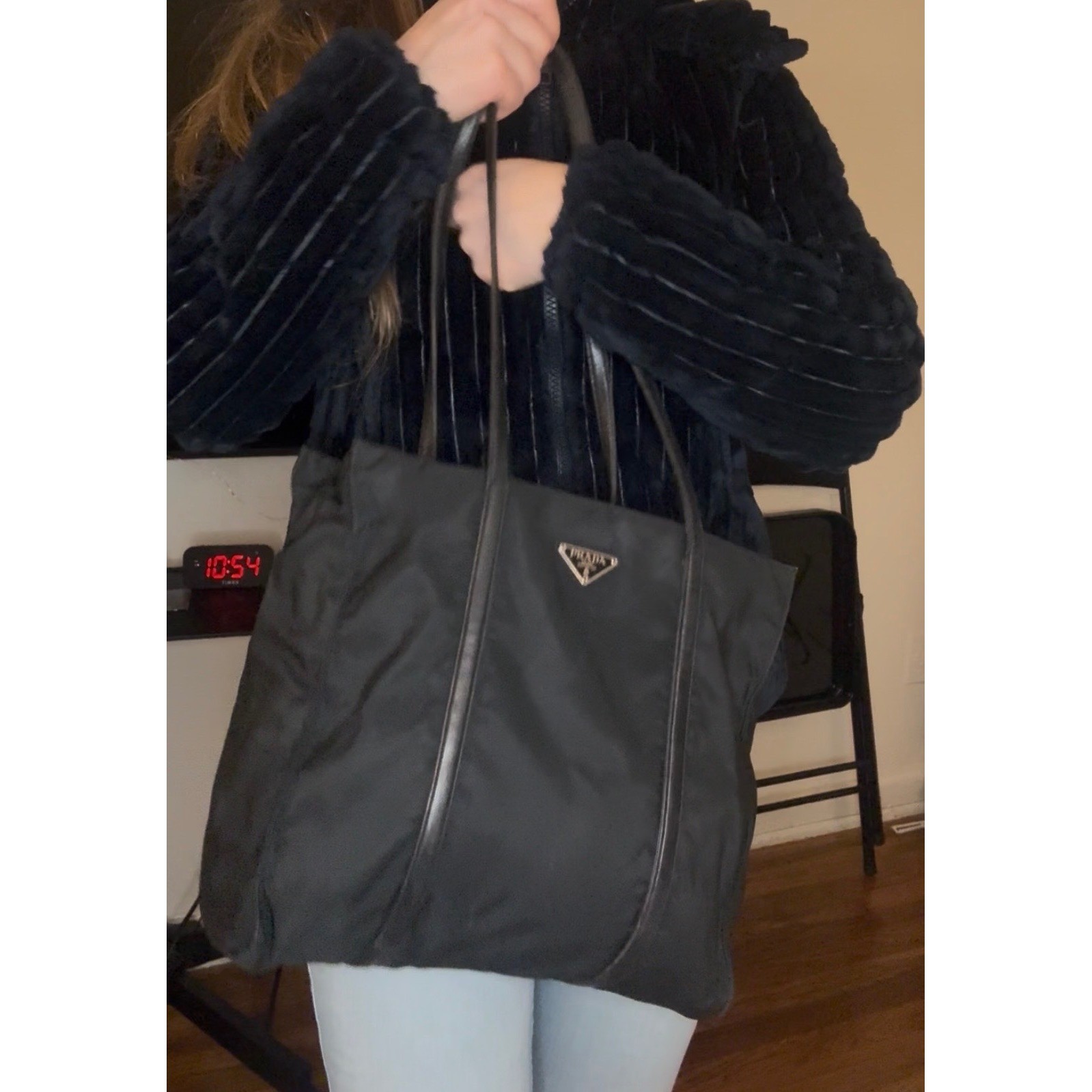 Prada Black Nylon Tote Bag Leather Trim Triangle Logo Shoulder Bag Vintage thumbnail 3