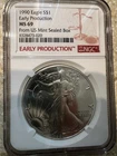 1990 $1 SILVER EAGLE NGC MS69 EARLY PRODUCTION FROM US MINT SEALED BOX LABEL