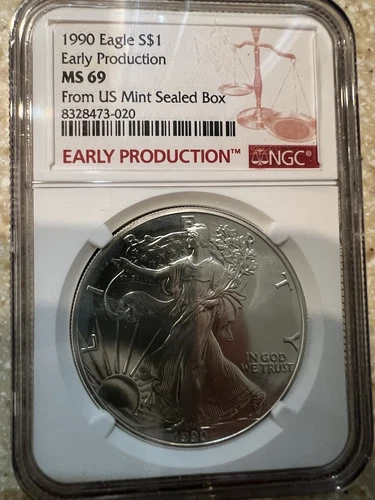 1990 $1 SILVER EAGLE NGC MS69 EARLY PRODUCTION FROM US MINT SEALED BOX LABEL