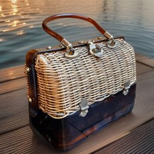 Vintage Lucite Acrylic Woven Wicker Rattan Purse Hong Kong Clam Shell Handbag