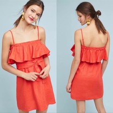 Faithfull the Brand • Linen Dress Orange Ruffle Stretch Empire Waist Size 6 - M