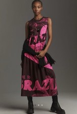 Farm Rio Tiered Graphic T-Shirt Midi Dress Brown/Pink Size Small