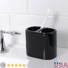 Ceramic Toothbrush Holder Bathroom Organizer Glossy 2 Openings Durable Black New