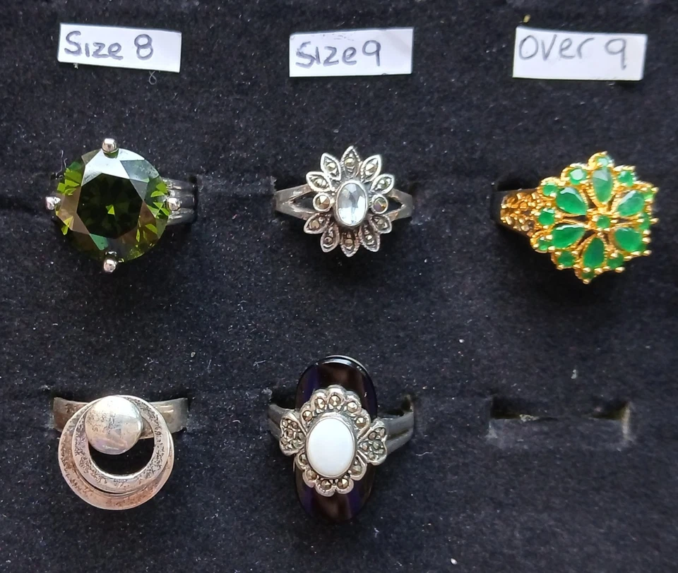 Стерлинговое кольцо оптовый лот из 6 винтажных размеров 8-10, включая черный оникс и опал + больше - Изображение 2 из 4