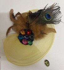 Yellow Mesh Fascinator Hair Clip Pin Party Colorful Rhinestone Peacock Feather