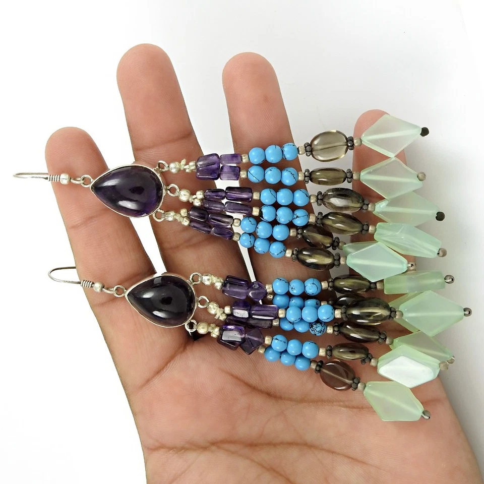 Pear Smoky Quartz Turquoise 925 Sterling Silver Drop Earrings Christmas Gift - Image 3 of 4