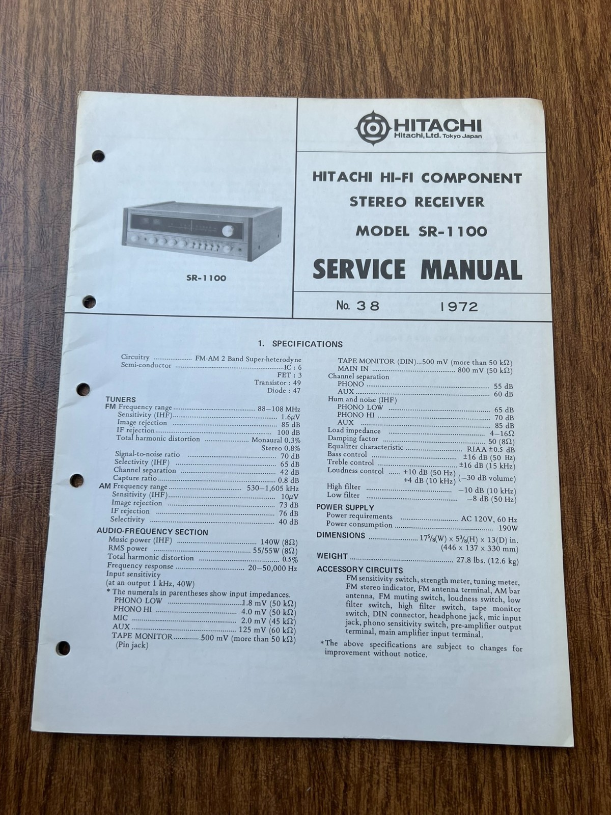 Original 1972 HITACHI SR-1100 Receiver Service Manual / Schematic
