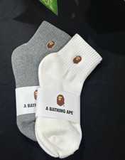 A Bathing Ape BAPE Crew Socks 2-Pack Grey White Iconic Logo Streetwear New Tags