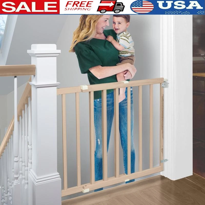 Wood Child Safety Gate 30in Tall 28-42in Wide One-Handed Latch Easy Removal New