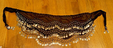 Black Belly Dance Hip Scarf Silver Coin Beaded Wrap Belt Costume Dance
