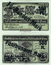 Banknote Gutschein 500 Mark &Uuml;berstempel auf 10 Mark 1922 Gera (Th&uuml;ringen)
