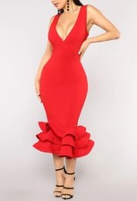 Fashion Nova Dates With Babe Red Dress NWT Ruffles Bodycon Midi Womens Size L