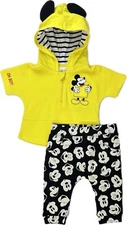 Disney Store Baby 2 Pc Yellow Black Cotton Mickey Hoodie Sweatpants Set 6-9 MO