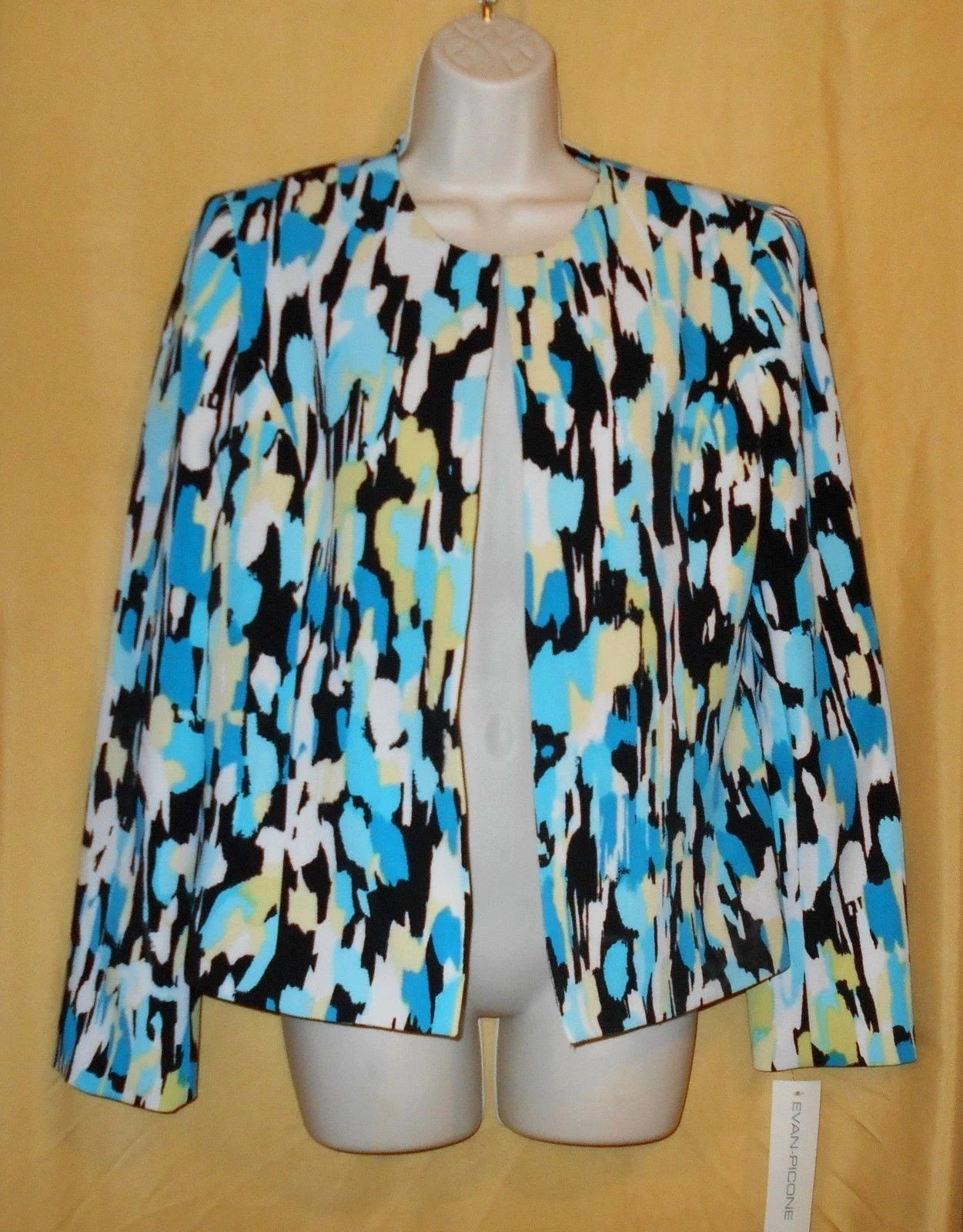 Evan Picone women suit blazer coat jacket split open frnt aqua multi top ls $129
