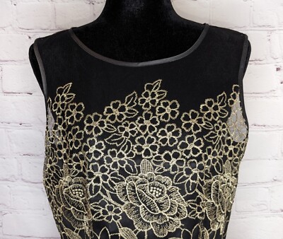 Tahari ASL 'Edwin' Embroidered Fit & Flare Mesh Dress Black & Gold Sz 12  EUC | eBay