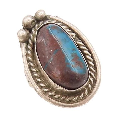 925 Sterling Silver Vintage Ring NAVAJO Cabochon Turquoise Roped Sz 6.5  RG28385