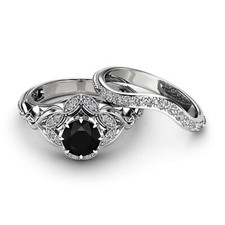 1.50Ct Simulated Black Onyx Engagement Wedding Bridal Ring Set White Gold Plated