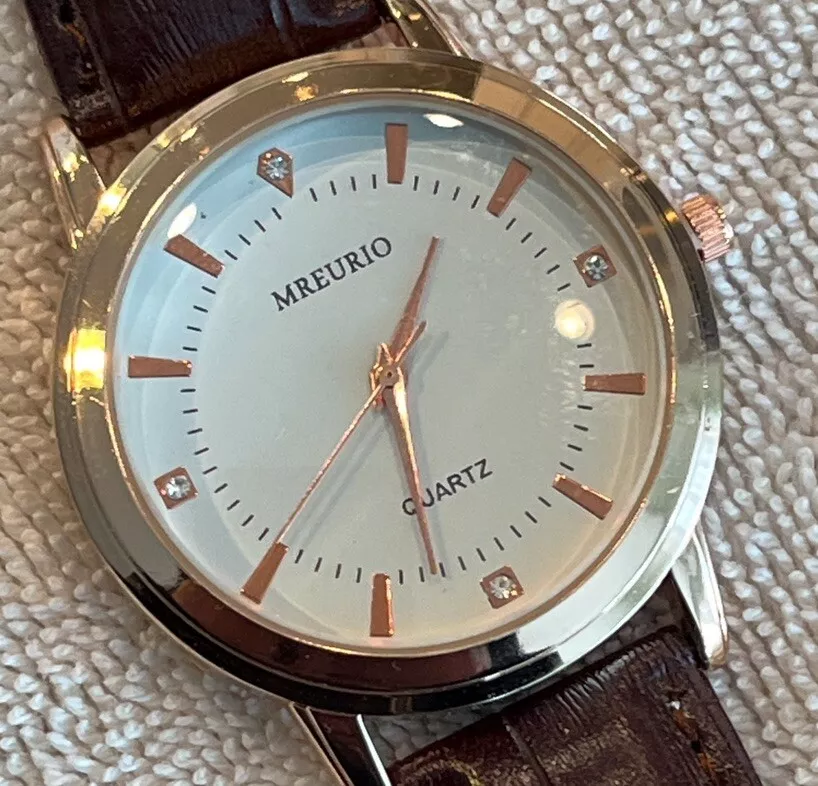 NWOT MREURIO MENS WATCH New Battery Installed Faux Leather Strap Rose Gold Case
