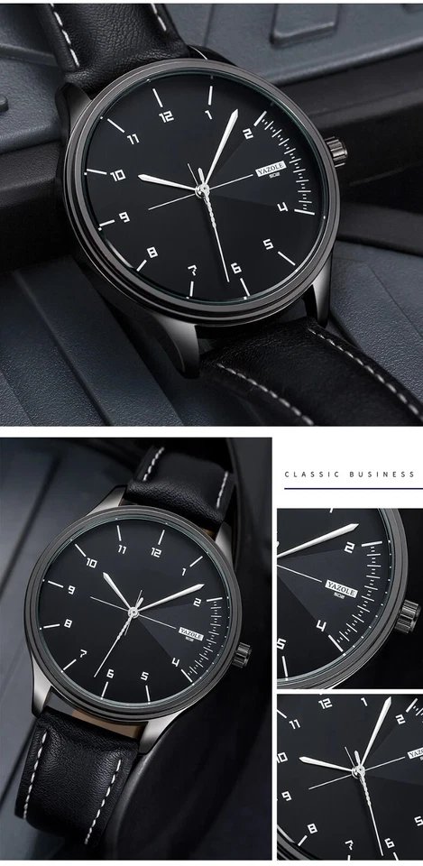 Reloj de pulsera negro para hombre con correa de cuero de cuarzo 🙂 Vendedor del Reino Unido Foto 3 de 4