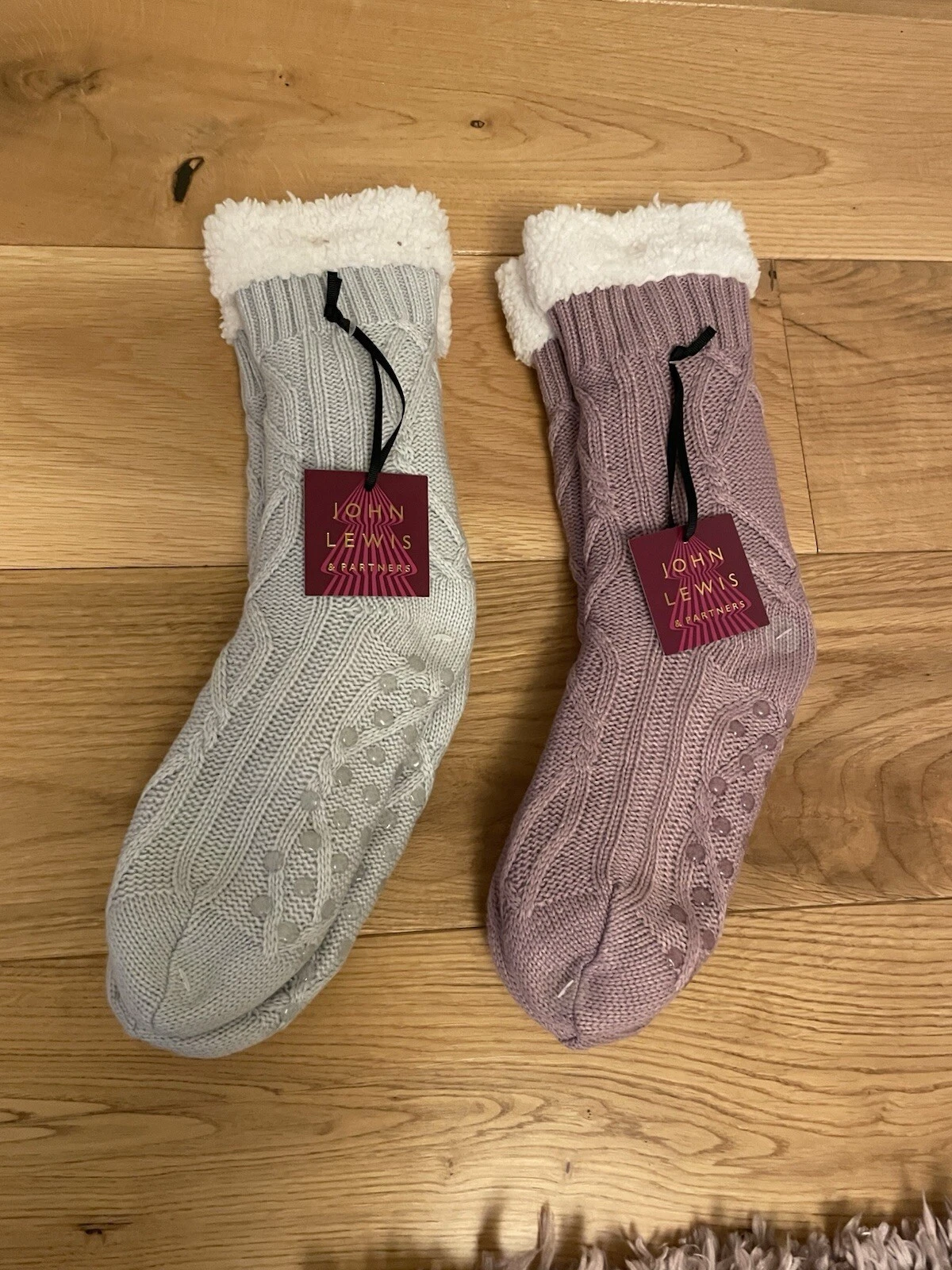 John Lewis Chunky Cable Bootie Slipper Socks Grey & Pink NEW