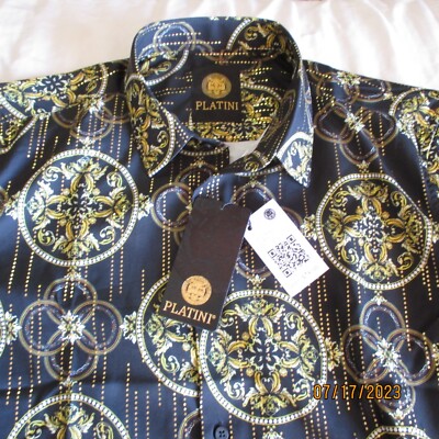 PLATINI Elegant BLACK Gold Metallic Foil SHIRT New LARGE Versacchi Like MSRP $78 | eBay PLATINI Elegant BLACK Gold Metallic Foil SHIRT New LARGE Versacchi Like MSRP $78 | eBay