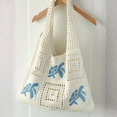 Damen große Sommer Strand Tasche Häkel Design mit Meeresschildkröte Muster Taschen