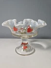 Fenton French Ruffled Opalescent Hand Painted Signed Strawberry Compote Bowl