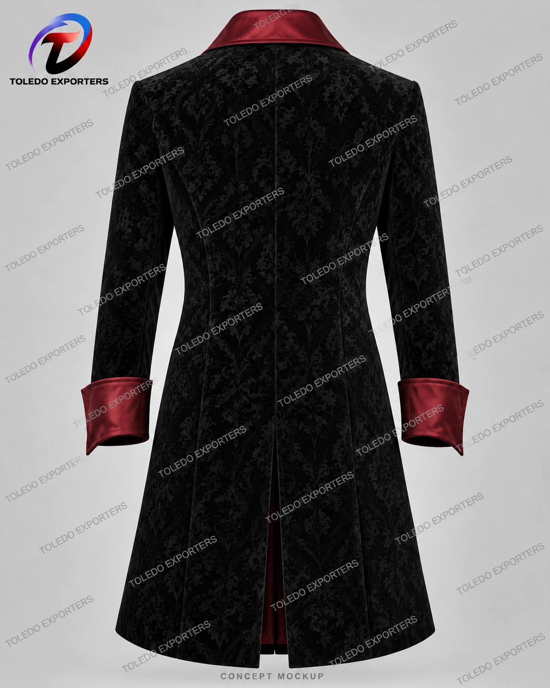 Men’s Gothic Vampire Coat, Black Damask Velvet with Burgundy Lapels and Cuffs - product detail image 6