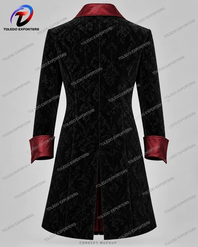 Men’s Gothic Vampire Coat, Black Damask Velvet with Burgundy Lapels and Cuffs image 6