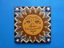 Vibrant Sun Stars Hand Painted Earthtones Hanging Ceramic Art Tile 6"x6" NEW P4