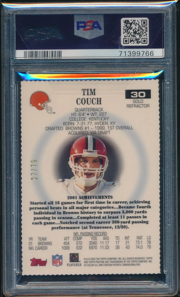 2002 Topps Pristine TIM COUCH Gold Refractor #30 PSA 10 GEM MINT Browns /79 - Image 2 of 2