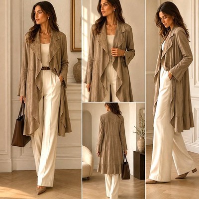 St. John 100% Goat Suede Longline Jacket 12 Neutral Quiet Luxury Old Money Drape