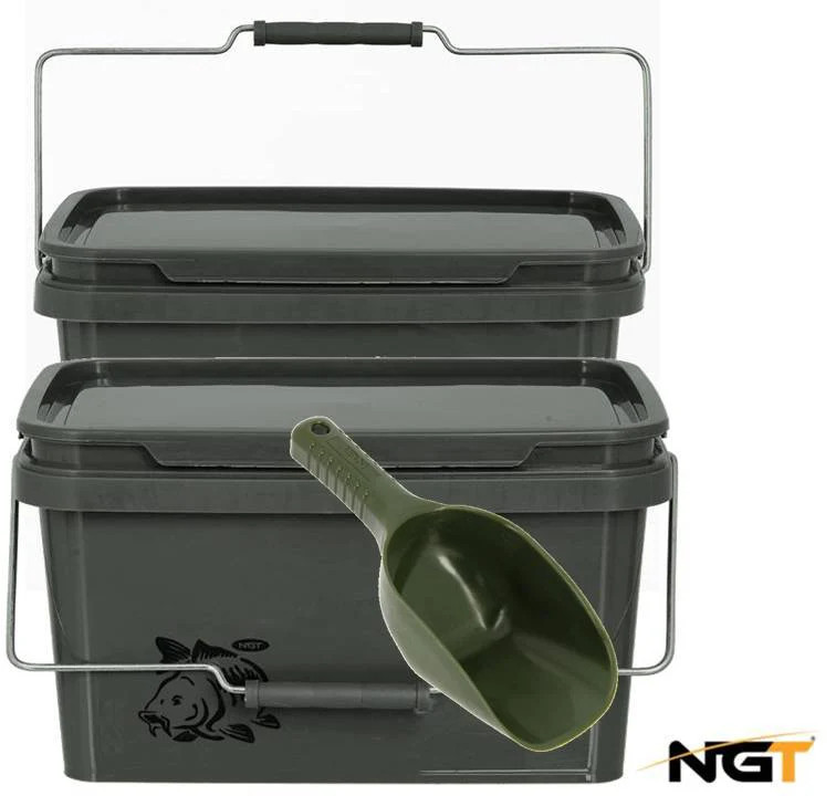 NGT 2 x 5L Bait Buckets with Spoon for Boilies Pellets Spod Carp Fishing Bucket