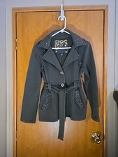 Y2K Sebby Pea Coat W/ Belt, Studded Hood&Pockets Olive Green Medium