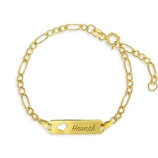 14k Yellow Gold Unisex Adjustable Girls Name ID Bracelet Engravable Heart Tag